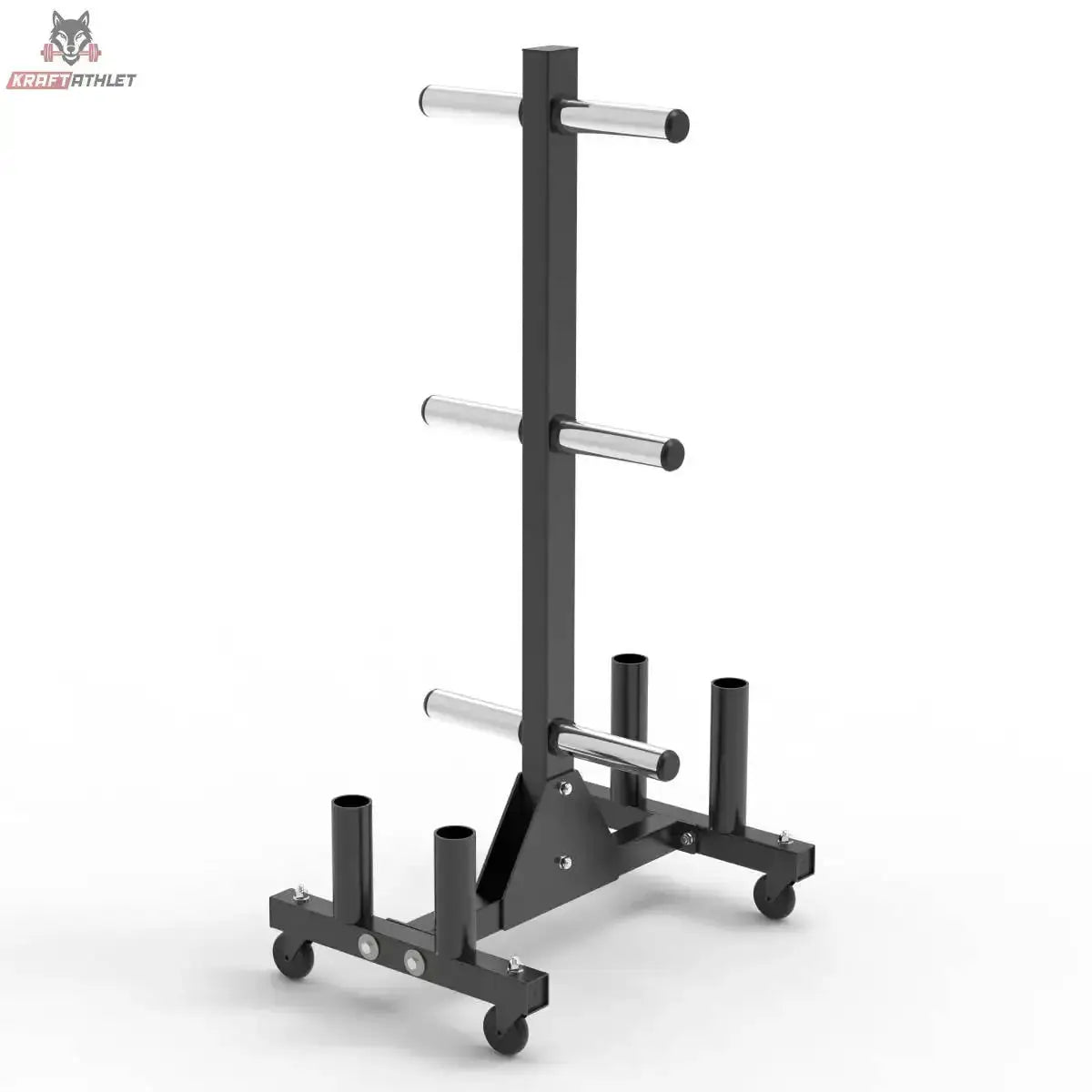 Titanium Strength Vertikales Rack VBR20 für Bumper Plates und Olympia-Stangen leer in Frontansicht mit Rollen und Stangenhaltern