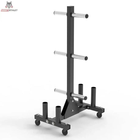 Titanium Strength Vertikales Rack VBR20 für Bumper Plates und Olympia-Stangen leer in Frontansicht mit Rollen und Stangenhaltern