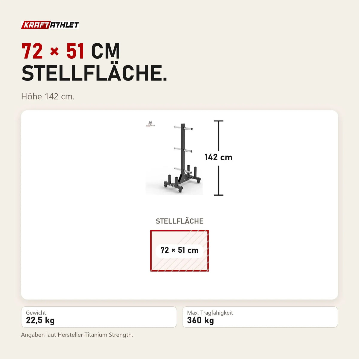 Maßbild Titanium Strength Vertikales Rack VBR20 für Bumper Plates und Olympia-Stangen: Stellfläche 72 × 51 cm, Höhe 142 cm