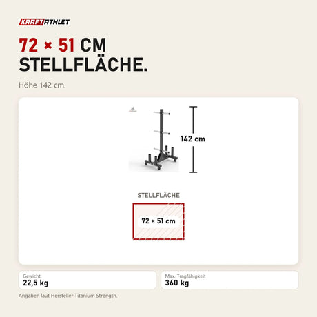 Maßbild Titanium Strength Vertikales Rack VBR20 für Bumper Plates und Olympia-Stangen: Stellfläche 72 × 51 cm, Höhe 142 cm