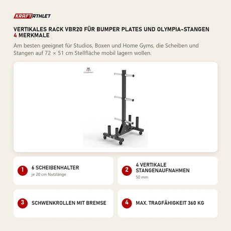 Titanium Strength Vertikales Rack VBR20 für Bumper Plates und Olympia-Stangen mit 4 Merkmalen: 6 Scheibenhalter, 4 vertikale Stangenaufnahmen, Schwenkrollen mit Bremse, Max. Tragfähigkeit 360 kg