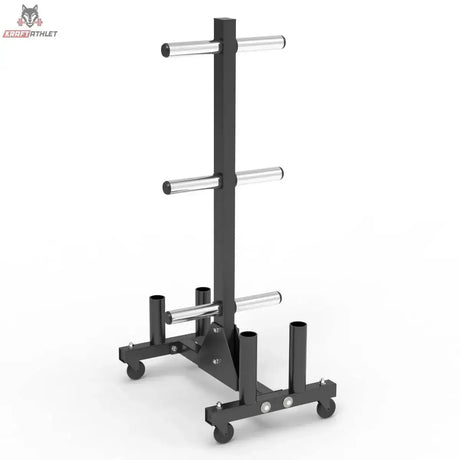 Titanium Strength Vertikales Rack VBR20 für Bumper Plates und Olympia-Stangen in Schrägansicht mit Scheibenhörnern und Rollen