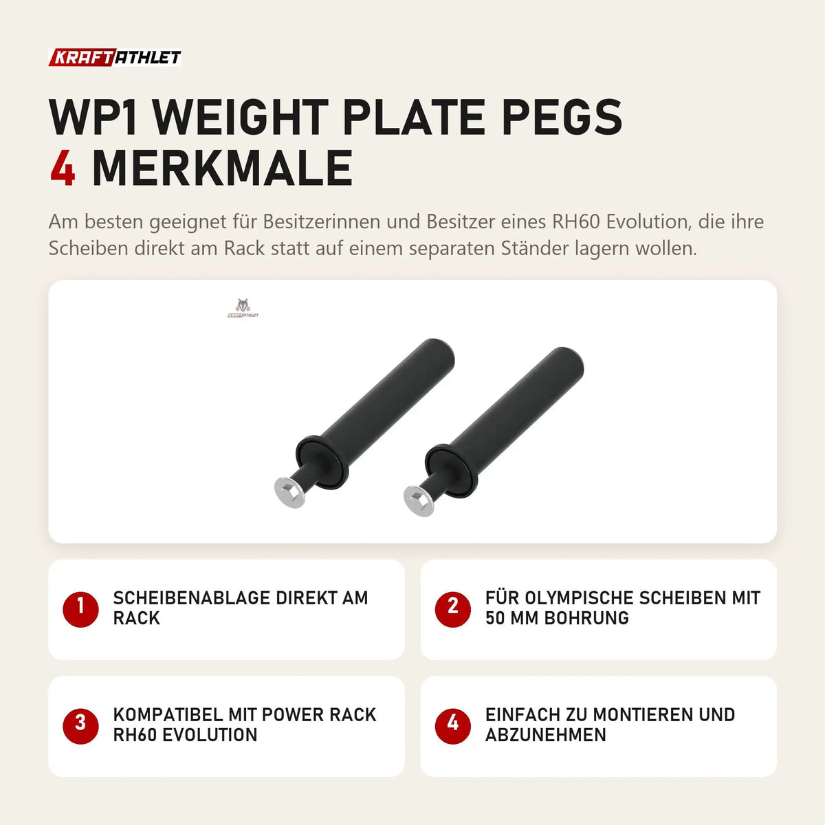 Titanium Strength WP1 Weight Plate Pegs mit 4 Merkmalen: Scheibenablage direkt am Rack, Für olympische Scheiben mit 50 mm Bohrung, Kompatibel mit Power Rack RH60 Evolution, Einfach zu montieren und abzunehmen