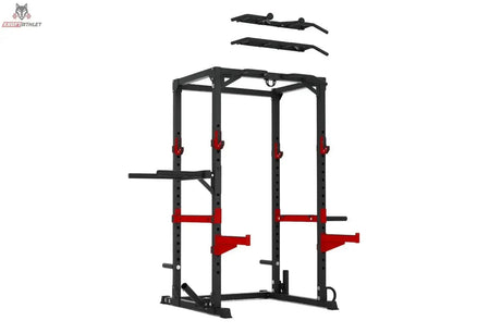 Titanium Strength WP1 Weight Plate Pegs als rote Scheibenhalter montiert an einem schwarzen Power Rack, Gesamtansicht
