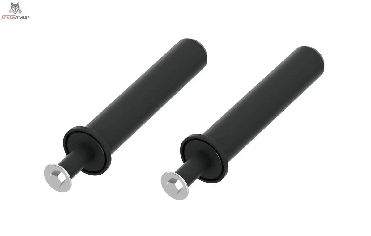 Titanium Strength WP1 Weight Plate Pegs: zwei schwarze Scheibenhalter mit silbernen Befestigungsbolzen, Schrägansicht