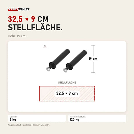 Maßbild Titanium Strength WP2 Weight Plate Pegs X Line: Stellfläche 32,5 × 9 cm, Höhe 19 cm