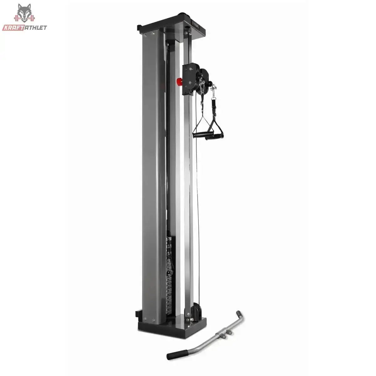 Titanium Strength WT200 Wandmontierte Seilzugstation in der Frontansicht mit Gewichtsblock, Griff und Stange