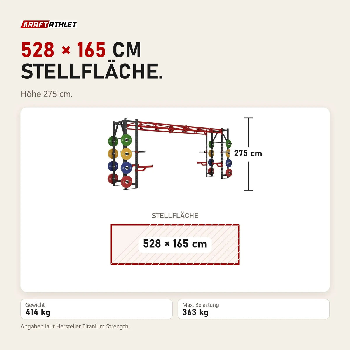 Maßbild Titanium Strength X Line Athletic Bridge Rack DR50: Stellfläche 528 × 165 cm, Höhe 275 cm