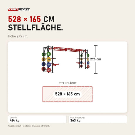 Maßbild Titanium Strength X Line Athletic Bridge Rack DR50: Stellfläche 528 × 165 cm, Höhe 275 cm
