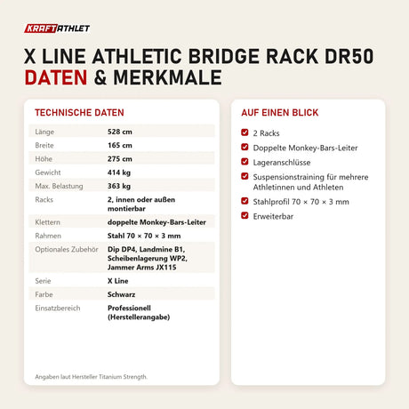 Technische Daten und Merkmale von Titanium Strength X Line Athletic Bridge Rack DR50 als Tabelle