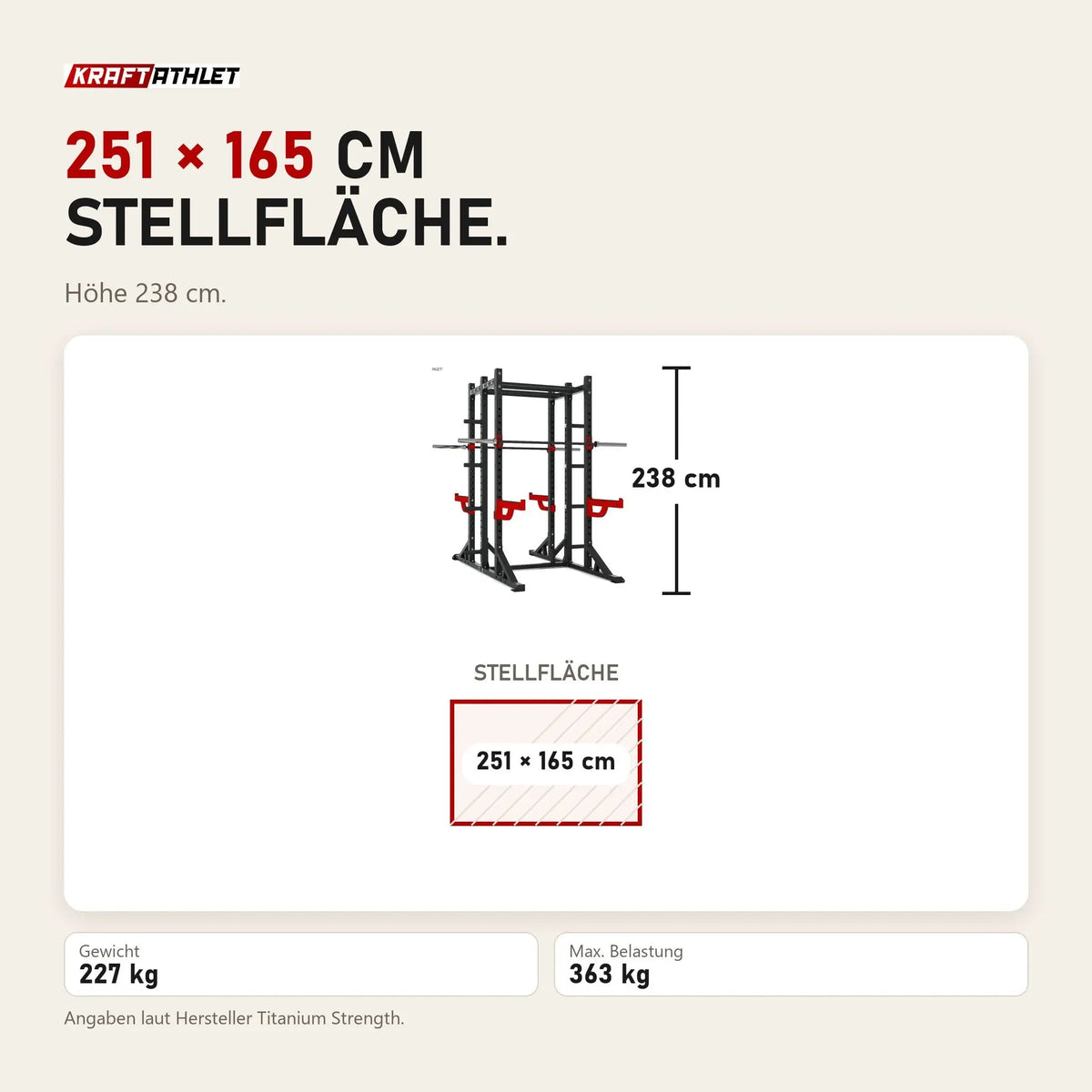 Maßbild Titanium Strength X Line Athletic Combo Rack RA20: Stellfläche 251 × 165 cm, Höhe 238 cm