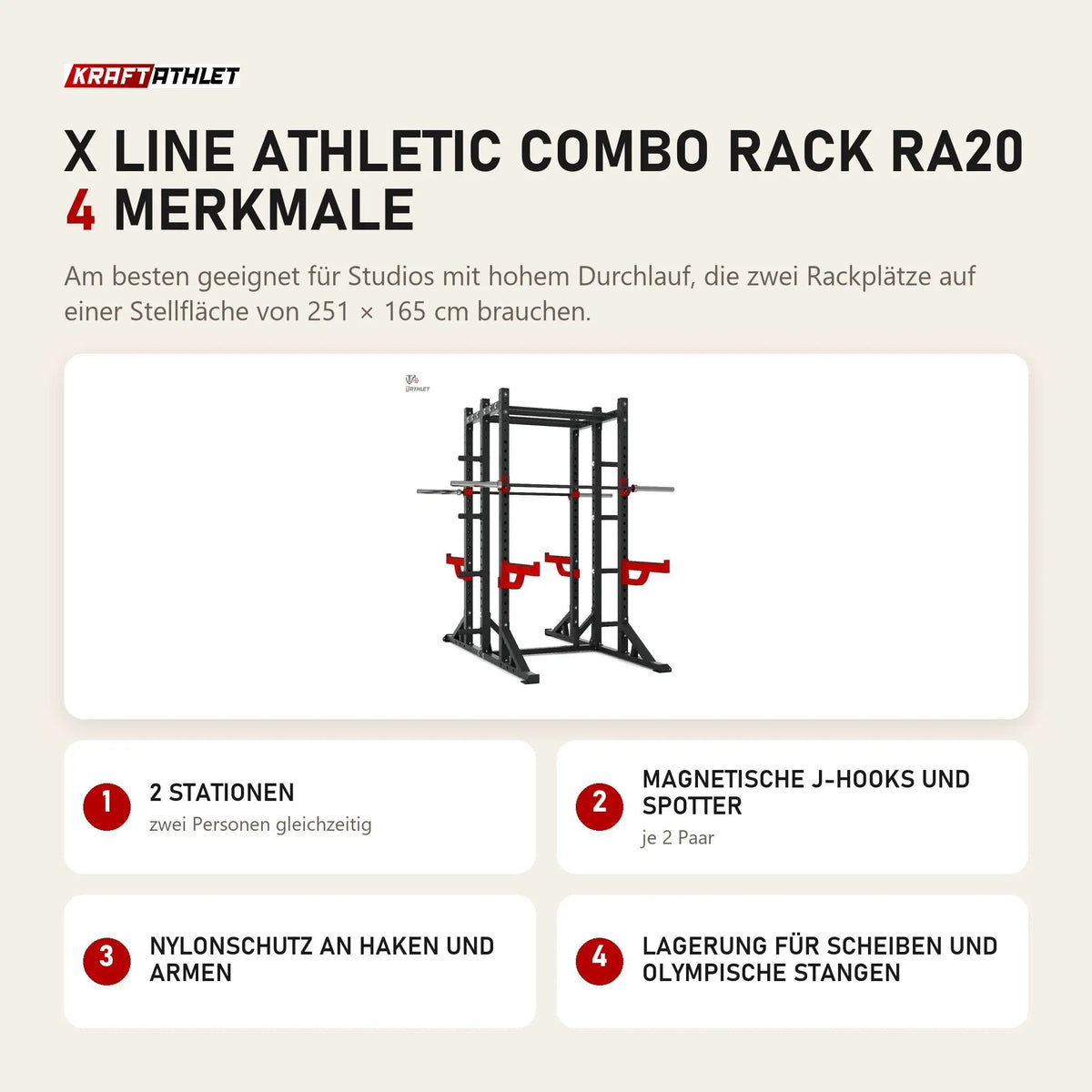 Titanium Strength X Line Athletic Combo Rack RA20 mit 4 Merkmalen: 2 Stationen, Magnetische J-Hooks und Spotter, Nylonschutz an Haken und Armen, Lagerung für Scheiben und olympische Stangen