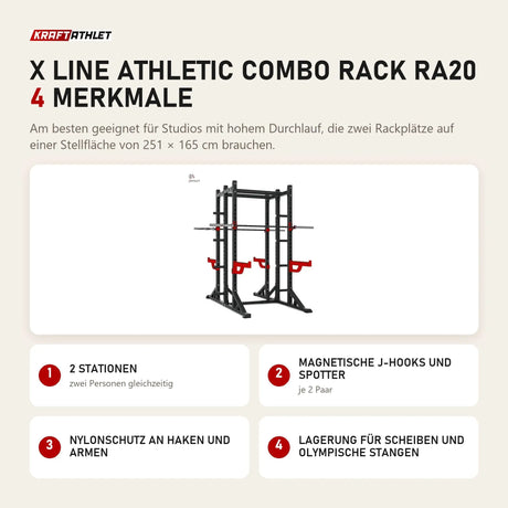 Titanium Strength X Line Athletic Combo Rack RA20 mit 4 Merkmalen: 2 Stationen, Magnetische J-Hooks und Spotter, Nylonschutz an Haken und Armen, Lagerung für Scheiben und olympische Stangen