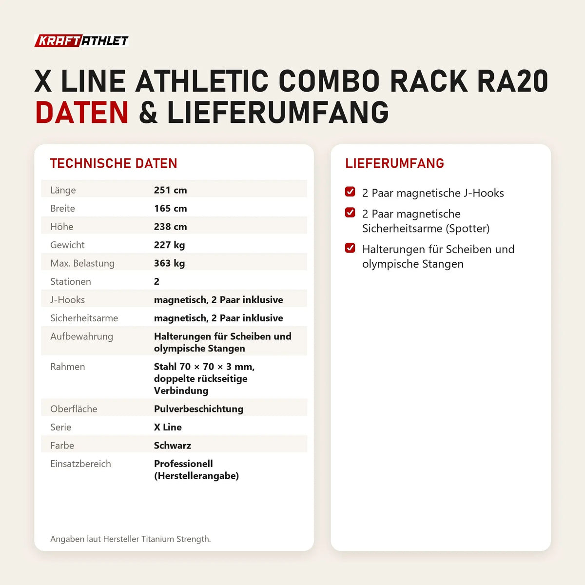 Technische Daten und Lieferumfang von Titanium Strength X Line Athletic Combo Rack RA20 als Tabelle