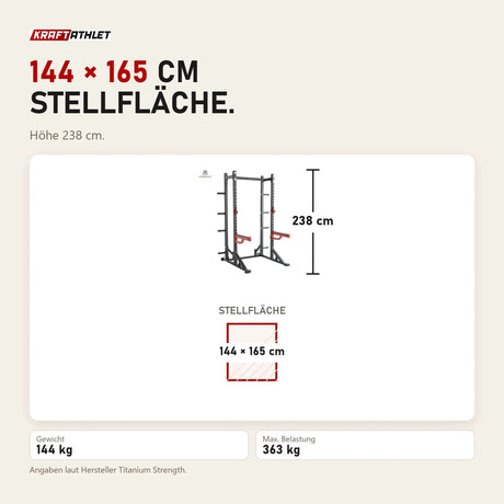 Maßbild Titanium Strength X Line Athletic Half Rack RA10: Stellfläche 144 × 165 cm, Höhe 238 cm