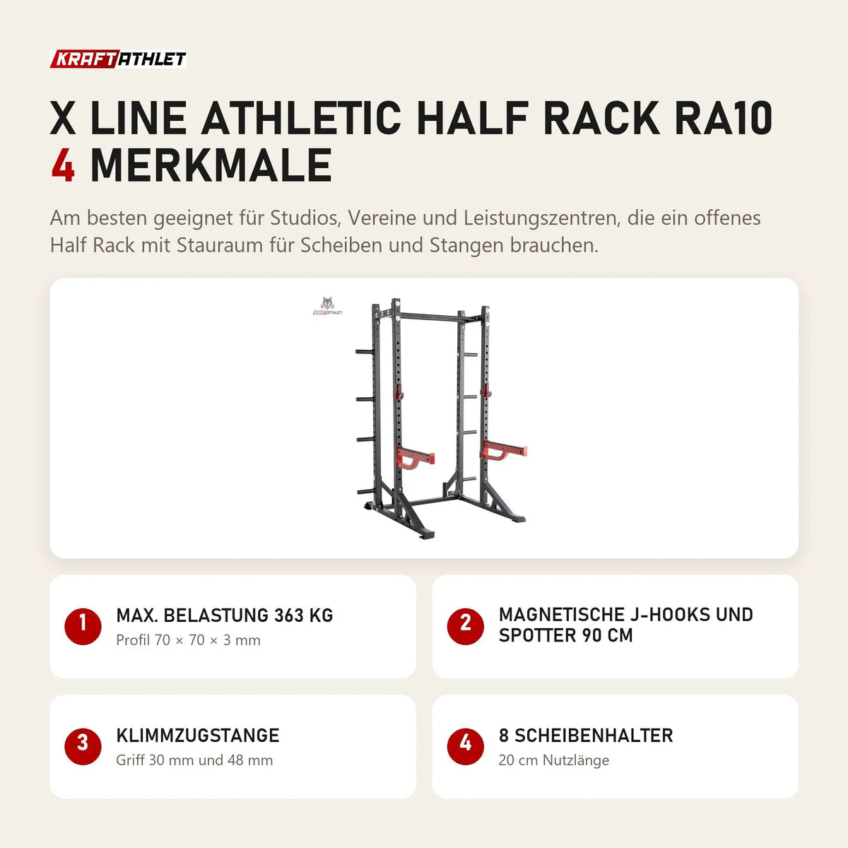 Titanium Strength X Line Athletic Half Rack RA10 mit 4 Merkmalen: Max. Belastung 363 kg, Magnetische J-Hooks und Spotter 90 cm, Klimmzugstange, 8 Scheibenhalter