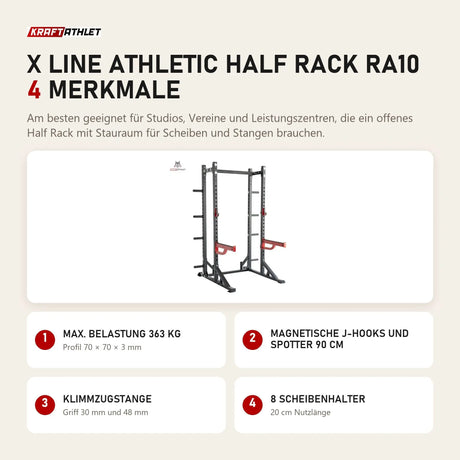 Titanium Strength X Line Athletic Half Rack RA10 mit 4 Merkmalen: Max. Belastung 363 kg, Magnetische J-Hooks und Spotter 90 cm, Klimmzugstange, 8 Scheibenhalter