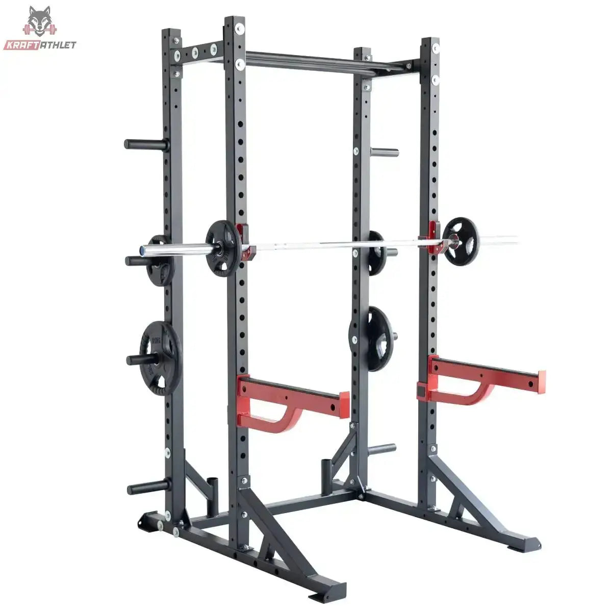 Titanium Strength X Line Athletic Half Rack RA10: Schrägansicht beladen mit Langhantel und Hantelscheiben
