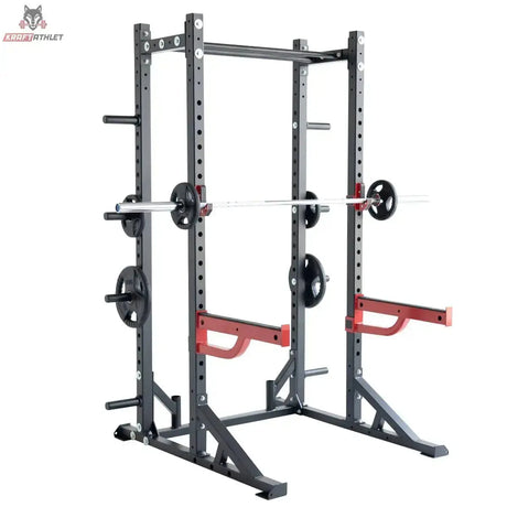 Titanium Strength X Line Athletic Half Rack RA10: Schrägansicht beladen mit Langhantel und Hantelscheiben