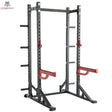 Titanium Strength X Line Athletic Half Rack RA10: Schrägansicht in Grau mit roten Sicherheitsablagen und Scheibenhaltern