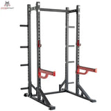 Titanium Strength X Line Athletic Half Rack RA10: Schrägansicht in Grau mit roten Sicherheitsablagen und Scheibenhaltern