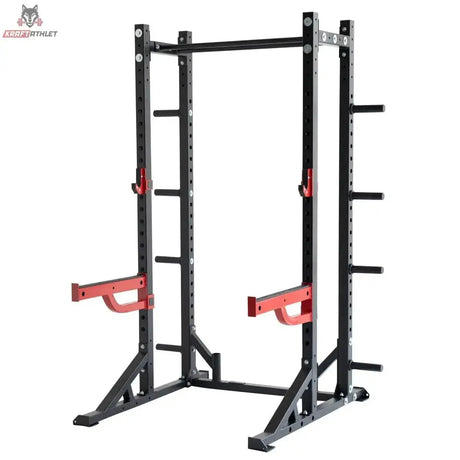 Titanium Strength X Line Athletic Half Rack RA10: Seitenansicht in Grau mit roten Ablagen und hohen Ständern