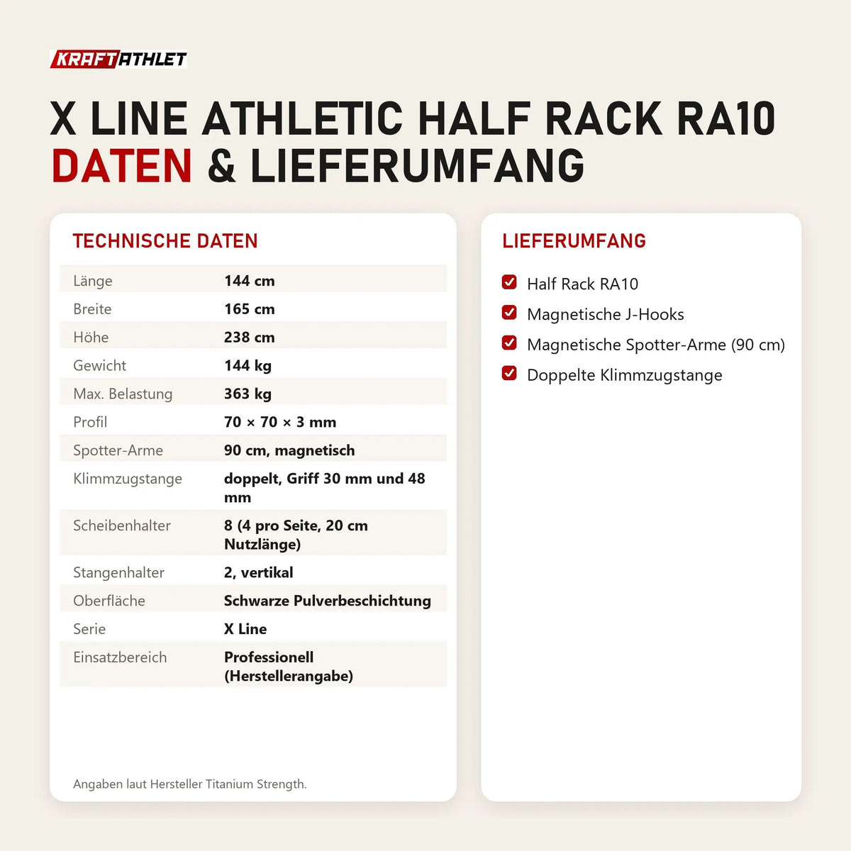 Technische Daten und Lieferumfang von Titanium Strength X Line Athletic Half Rack RA10 als Tabelle
