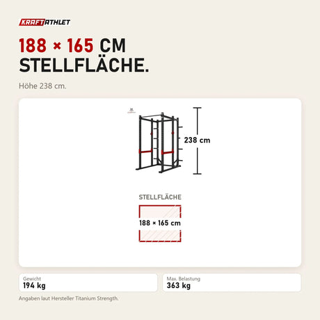 Maßbild Titanium Strength X Line Athletic Power Cage RA30: Stellfläche 188 × 165 cm, Höhe 238 cm
