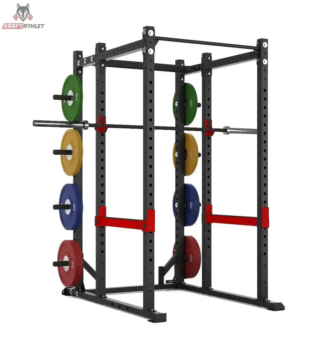 Titanium Strength X Line Athletic Power Cage RA30 – Schrägansicht mit bunten Hantelscheiben an den Haltern