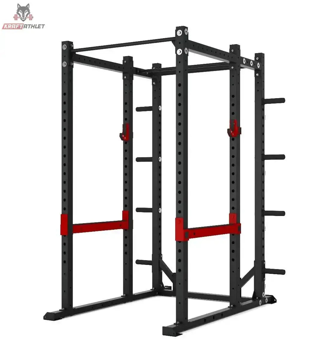 Titanium Strength X Line Athletic Power Cage RA30 – Schrägansicht mit roten Sicherheitsablagen und Scheibenhaltern