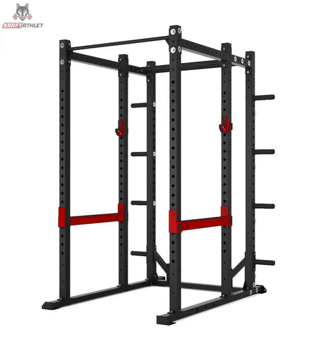 Titanium Strength X Line Athletic Power Cage RA30 – Schrägansicht mit roten Sicherheitsablagen und Scheibenhaltern