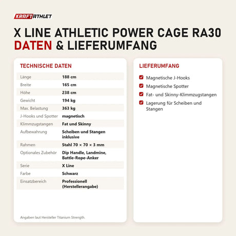 Technische Daten und Lieferumfang von Titanium Strength X Line Athletic Power Cage RA30 als Tabelle