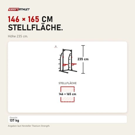Maßbild Titanium Strength X Line HD Half Rack RH80: Stellfläche 146 × 165 cm, Höhe 235 cm