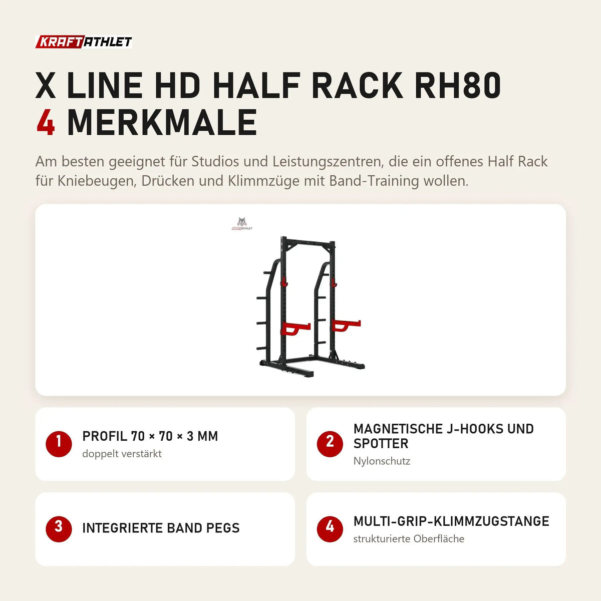 Titanium Strength X Line HD Half Rack RH80 mit 4 Merkmalen: Profil 70 × 70 × 3 mm, Magnetische J-Hooks und Spotter, Integrierte Band Pegs, Multi-Grip-Klimmzugstange
