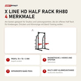 Titanium Strength X Line HD Half Rack RH80 mit 4 Merkmalen: Profil 70 × 70 × 3 mm, Magnetische J-Hooks und Spotter, Integrierte Band Pegs, Multi-Grip-Klimmzugstange