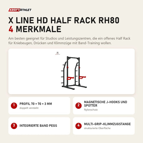 Titanium Strength X Line HD Half Rack RH80 mit 4 Merkmalen: Profil 70 × 70 × 3 mm, Magnetische J-Hooks und Spotter, Integrierte Band Pegs, Multi-Grip-Klimmzugstange