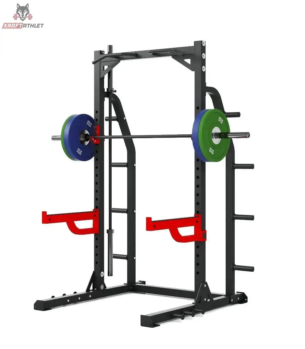 Titanium Strength X Line HD Half Rack RH80 mit beladener Langhantel und roten Sicherheitsarmen