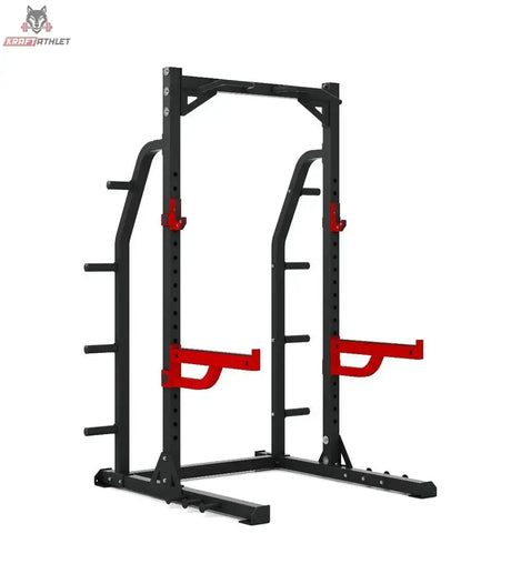 Titanium Strength X Line HD Half Rack RH80 in Schrägansicht mit roten Sicherheitsarmen und Scheibenhaltern