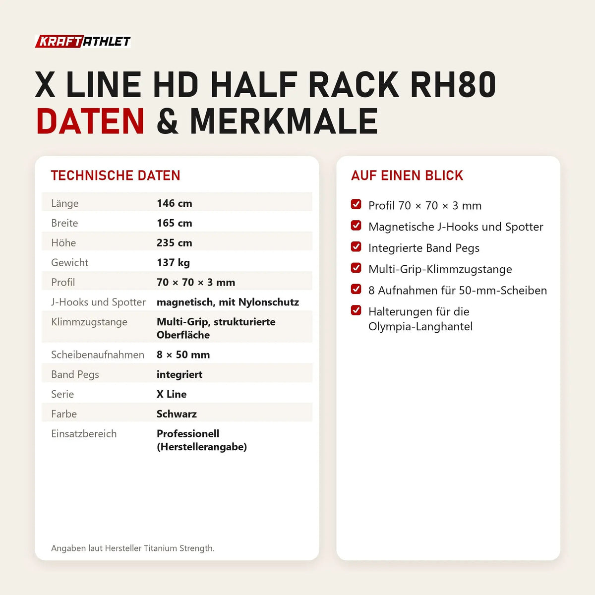 Technische Daten und Merkmale von Titanium Strength X Line HD Half Rack RH80 als Tabelle