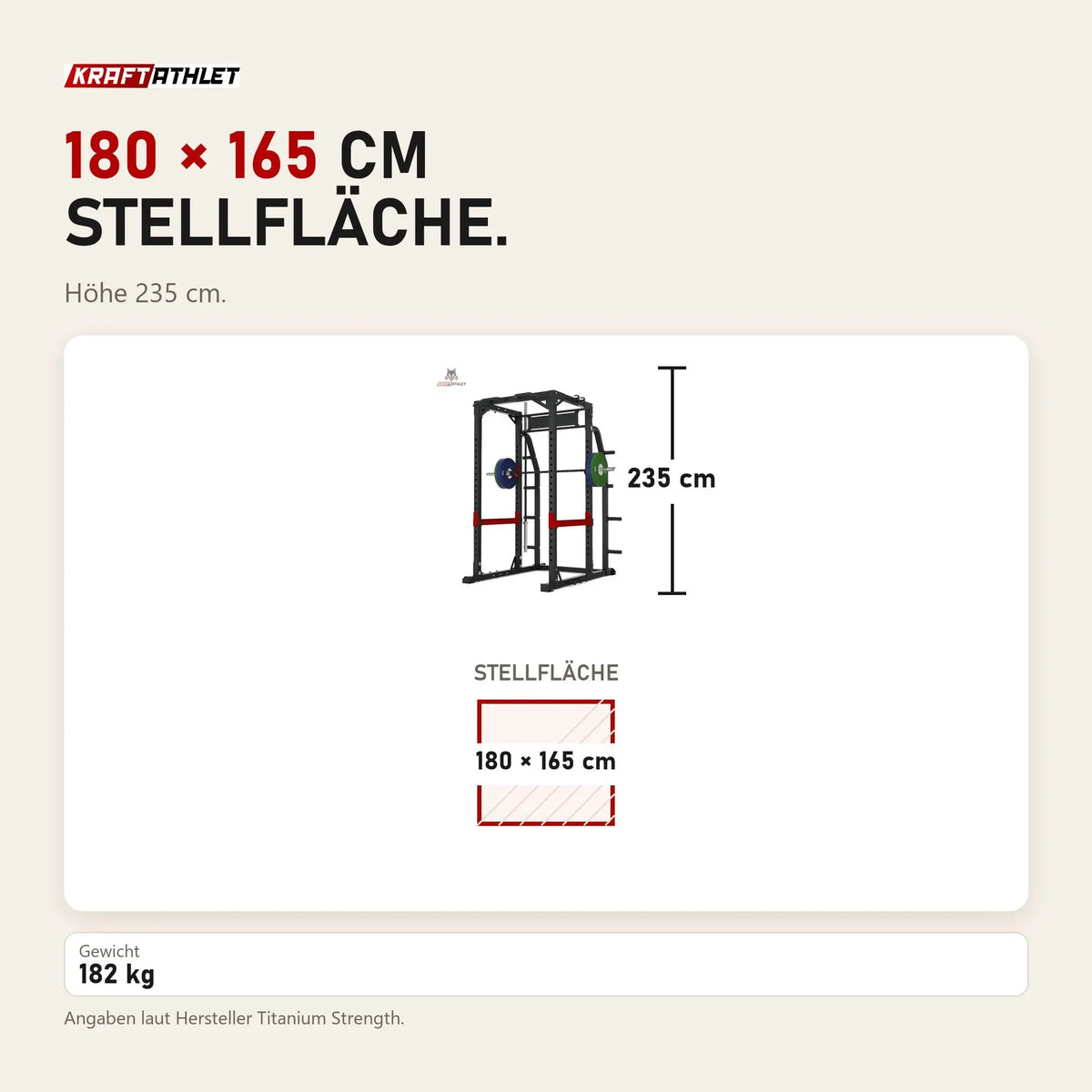 Maßbild Titanium Strength X Line HD Heavy Duty Power Rack RH90: Stellfläche 180 × 165 cm, Höhe 235 cm