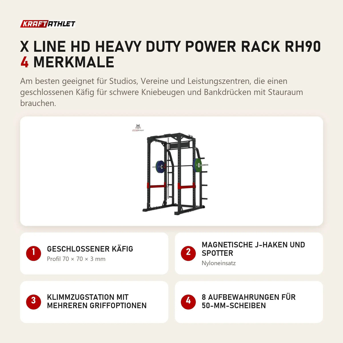 Titanium Strength X Line HD Heavy Duty Power Rack RH90 mit 4 Merkmalen: Geschlossener Käfig, Magnetische J-Haken und Spotter, Klimmzugstation mit mehreren Griffoptionen, 8 Aufbewahrungen für 50-mm-Scheiben