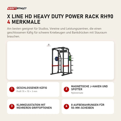 Titanium Strength X Line HD Heavy Duty Power Rack RH90 mit 4 Merkmalen: Geschlossener Käfig, Magnetische J-Haken und Spotter, Klimmzugstation mit mehreren Griffoptionen, 8 Aufbewahrungen für 50-mm-Scheiben