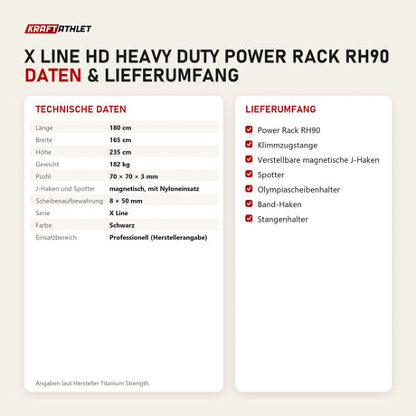 Technische Daten und Lieferumfang von Titanium Strength X Line HD Heavy Duty Power Rack RH90 als Tabelle