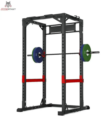 Titanium Strength X line HD Power Rack RP50: Frontansicht mit roten Ablagen und beladener Langhantel