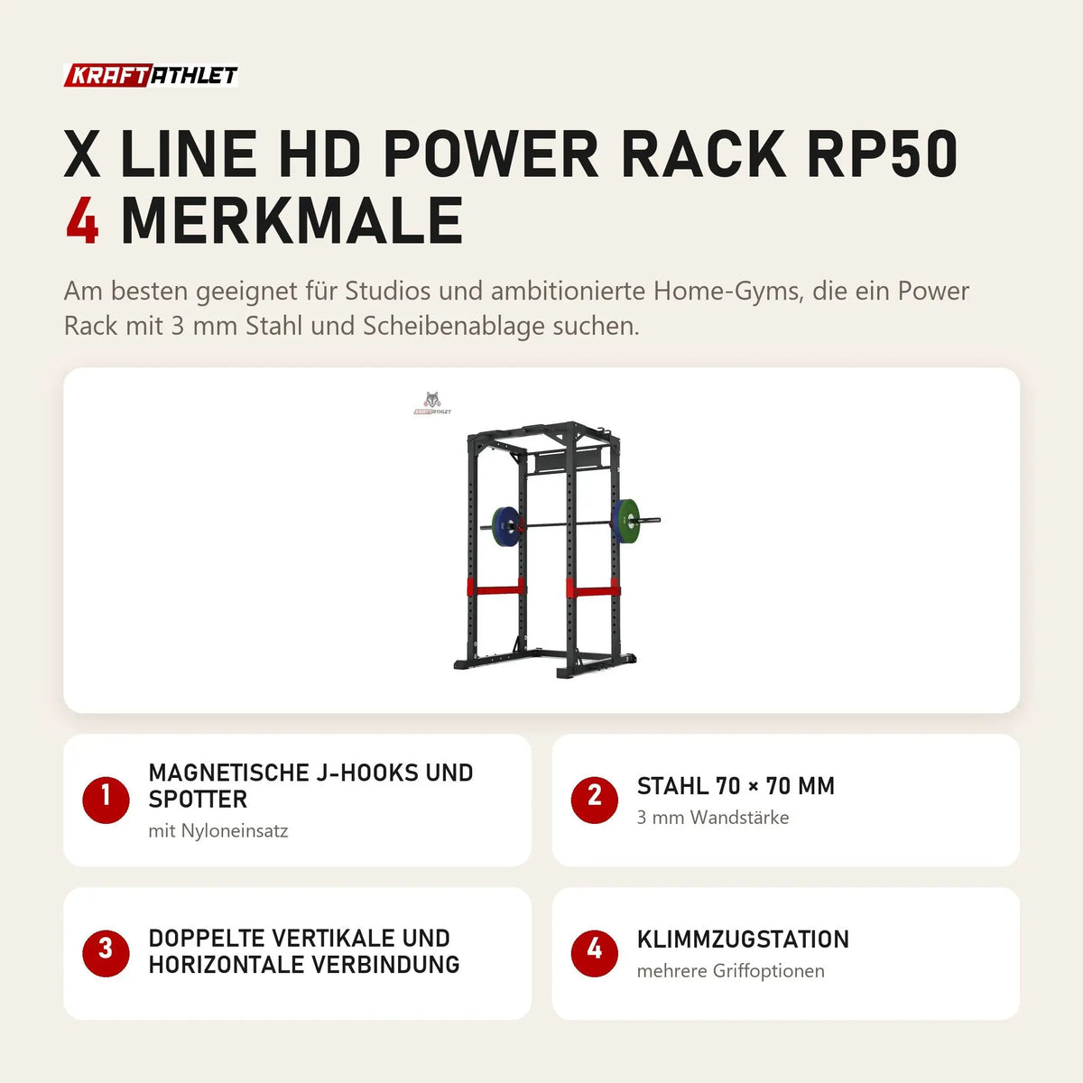 Titanium Strength X line HD Power Rack RP50 mit 4 Merkmalen: Magnetische J-Hooks und Spotter, Stahl 70 × 70 mm, Doppelte vertikale und horizontale Verbindung, Klimmzugstation