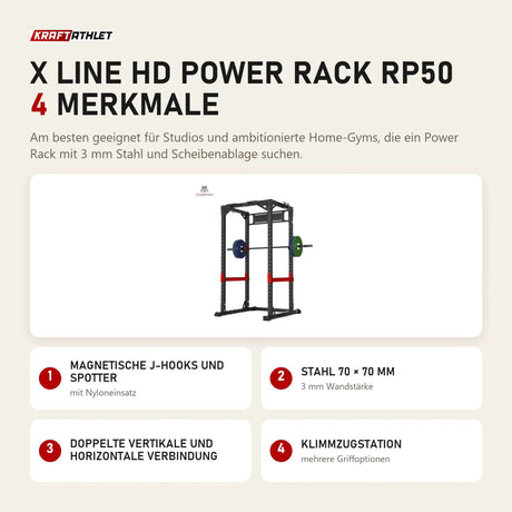 Titanium Strength X line HD Power Rack RP50 mit 4 Merkmalen: Magnetische J-Hooks und Spotter, Stahl 70 × 70 mm, Doppelte vertikale und horizontale Verbindung, Klimmzugstation