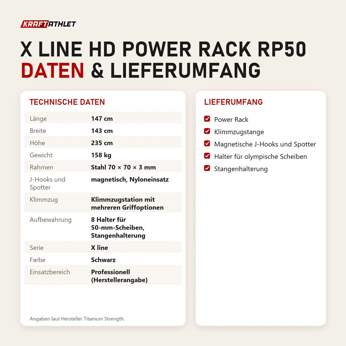 Technische Daten und Lieferumfang von Titanium Strength X line HD Power Rack RP50 als Tabelle