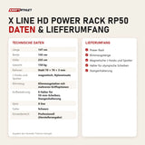 Technische Daten und Lieferumfang von Titanium Strength X line HD Power Rack RP50 als Tabelle