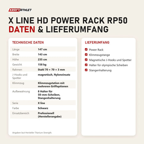 Technische Daten und Lieferumfang von Titanium Strength X line HD Power Rack RP50 als Tabelle