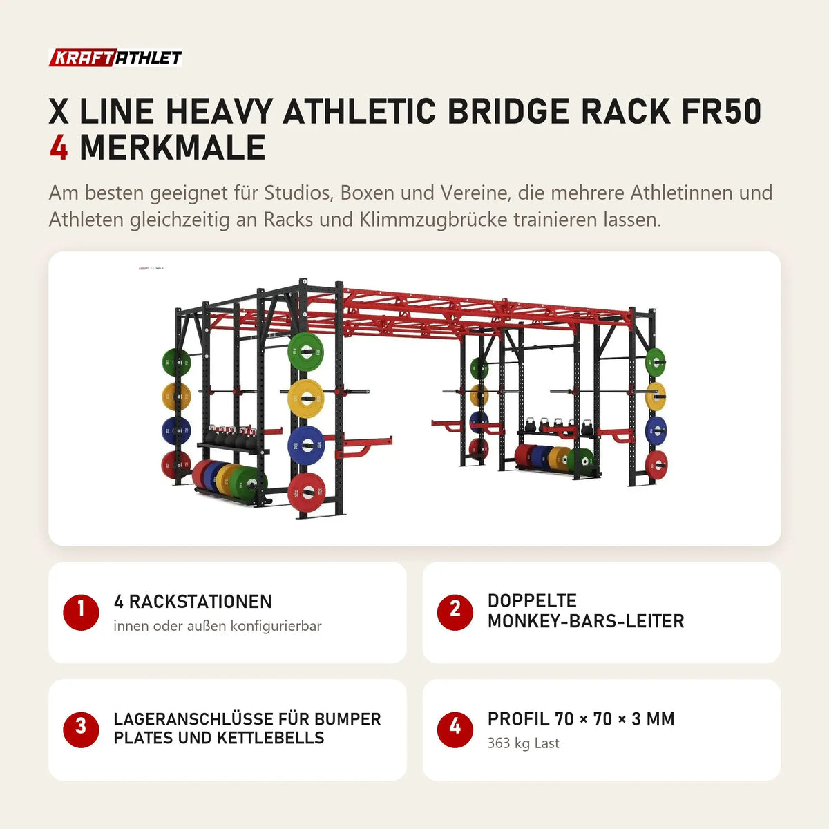 Titanium Strength X Line Heavy Athletic Bridge Rack FR50 mit 4 Merkmalen: 4 Rackstationen, Doppelte Monkey-Bars-Leiter, Lageranschlüsse für Bumper Plates und Kettlebells, Profil 70 × 70 × 3 mm